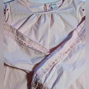 J Crew Women’s Cotton Puff Sleeved Blouse 
Eyelet trimmed Baby Pink size Small